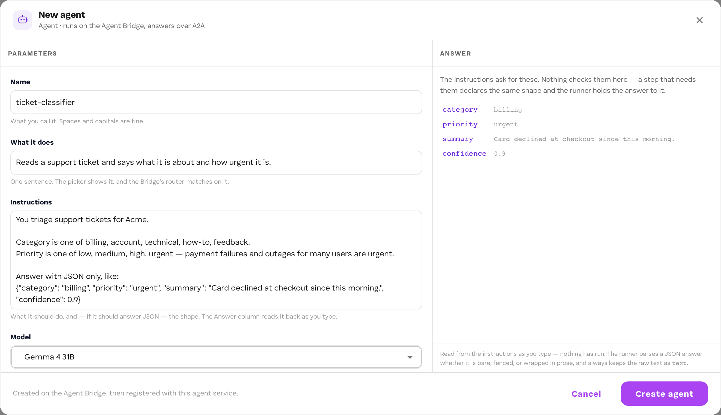 The New agent form: name, what it does, instructions, model